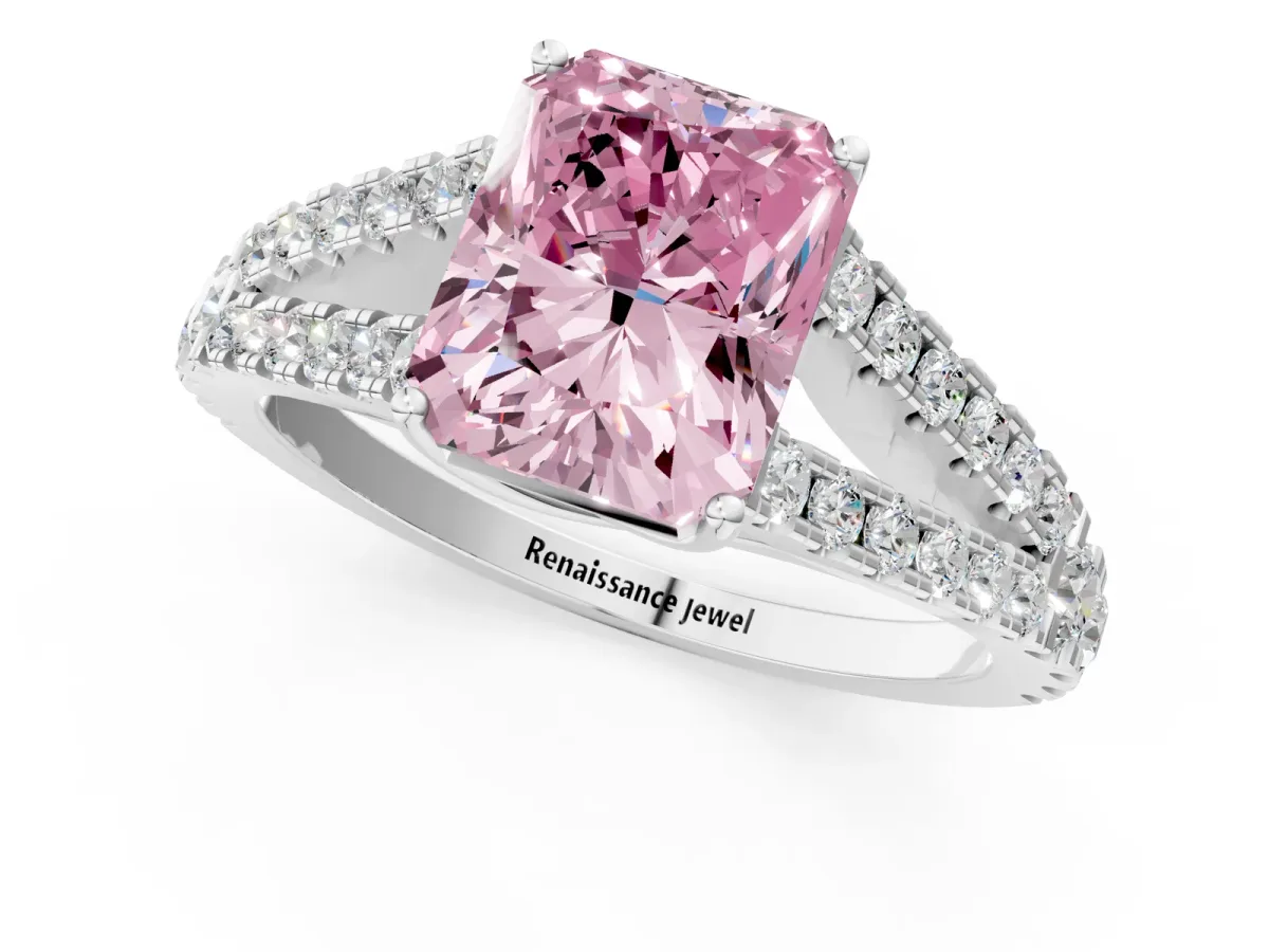Fancy Pink Radiant Cut Diamond Split Shank Engagement Ring with Round Pavé and Prong Setting Platinum