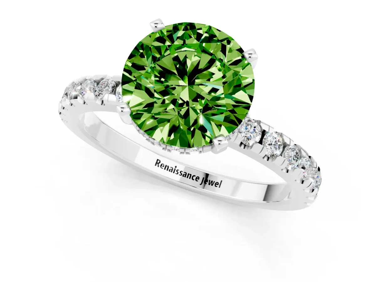 Round Cut Peridot Solitaire Ring with Round Pavé Band and Four-Prong Setting Silver