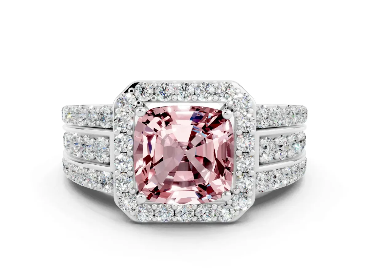 Cushion Cut Halo Morganite Ring with Round Split Shank and Prong Setting Silver