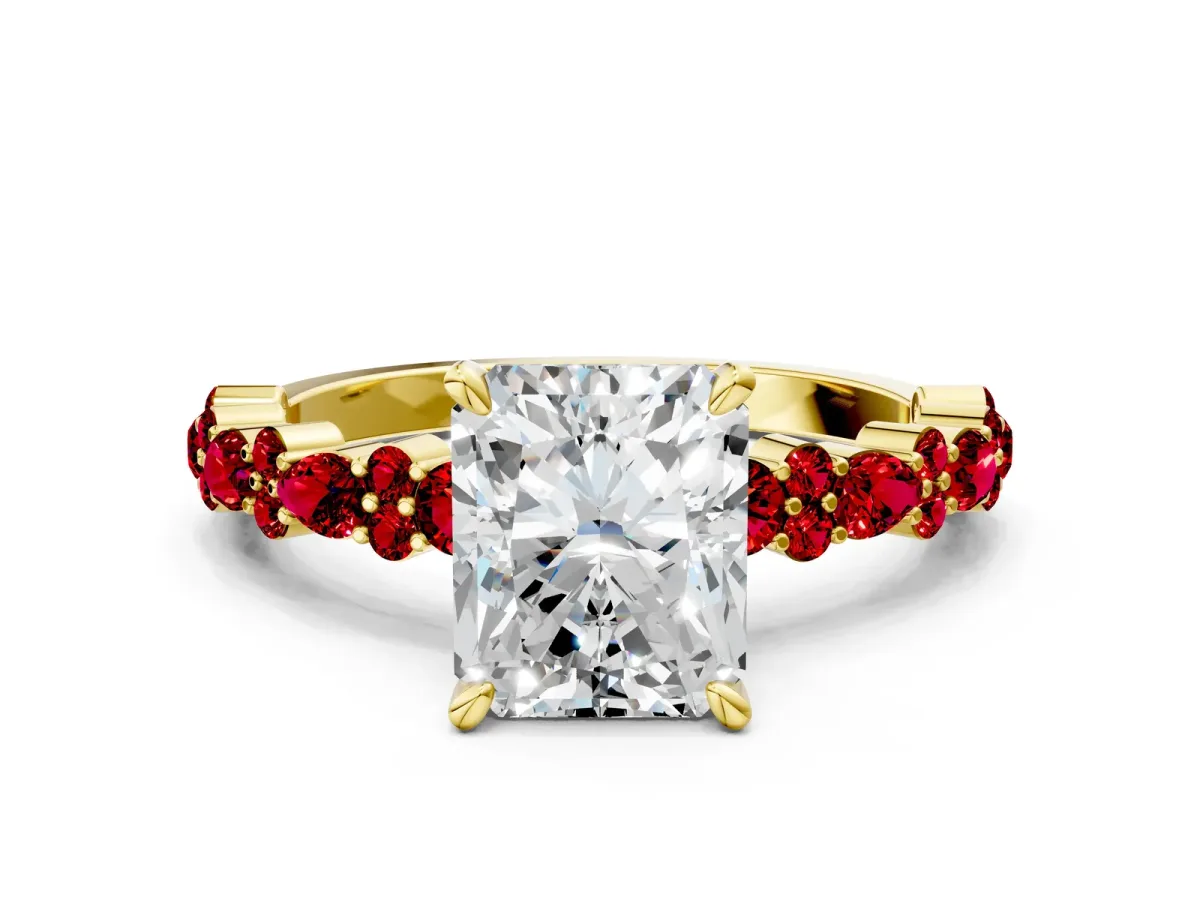 Radiant Cut Diamond Side Stone Solitaire Ring with Round Ruby and Four-Prong Setting Yellow gold