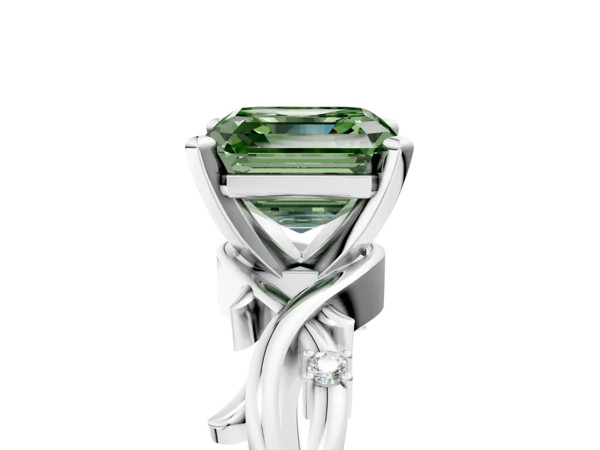 Fancy Green Asscher Cut Diamond Solitaire Ring with Twisted Band and Prong Setting Silver