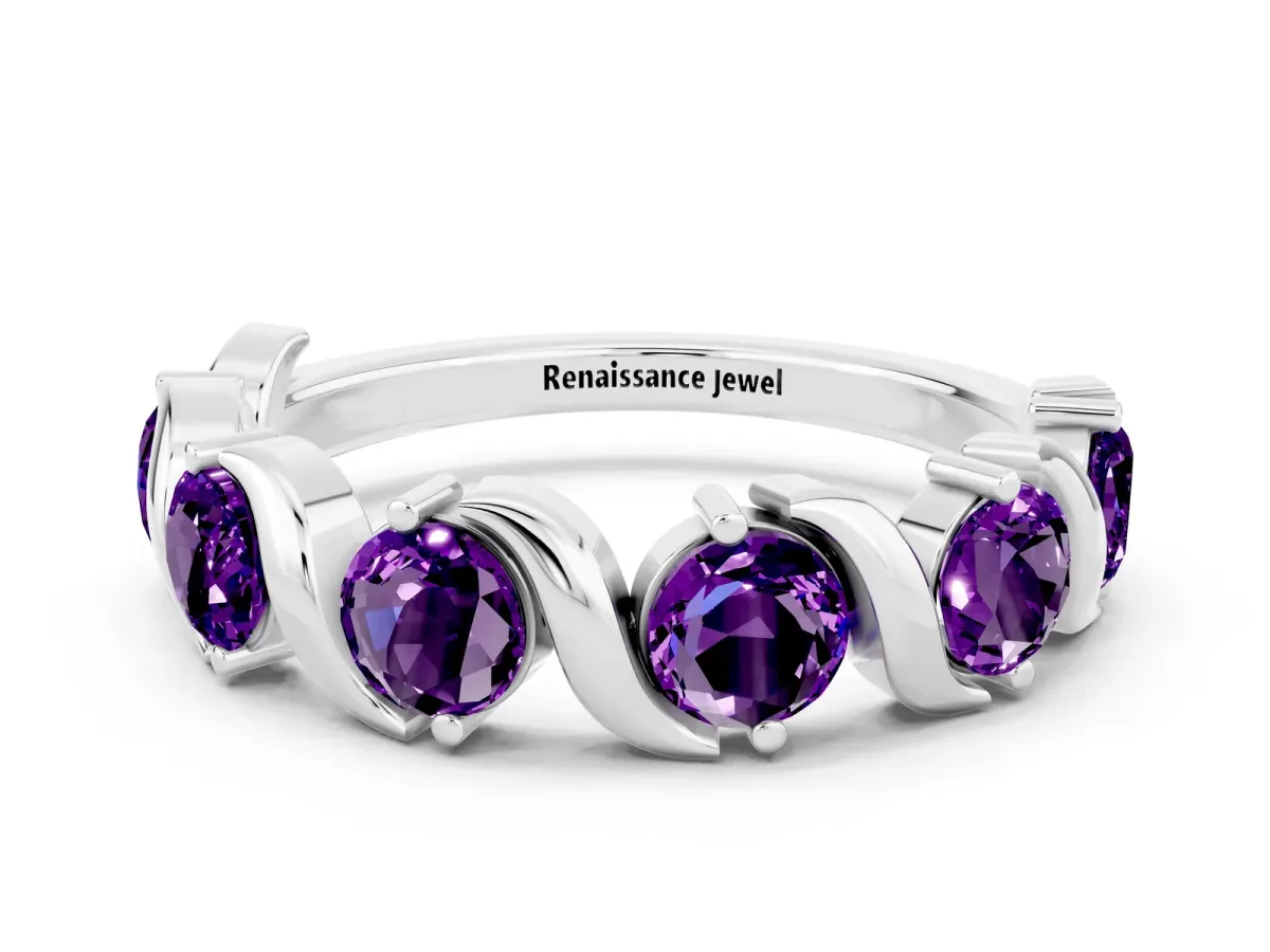 Round Amethyst Half Eternity Band with Wave Prong Setting Silver