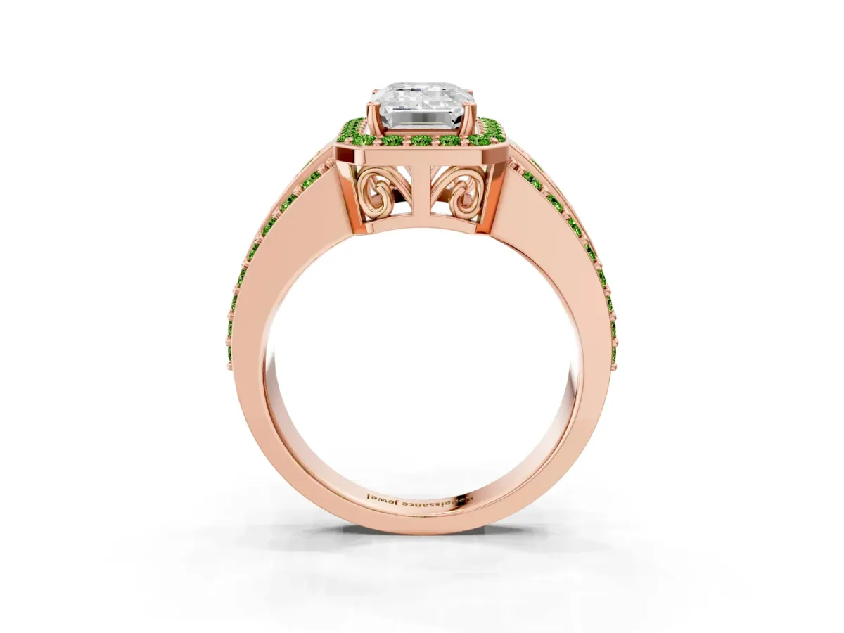 Emerald Cut Halo Diamond Ring with Round Peridot Split Shank and Prong Setting Rose gold