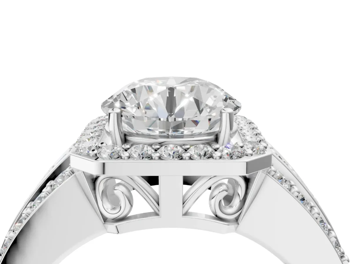 Round Cut Halo Diamond Ring with Round Split Shank and Prong Setting White gold