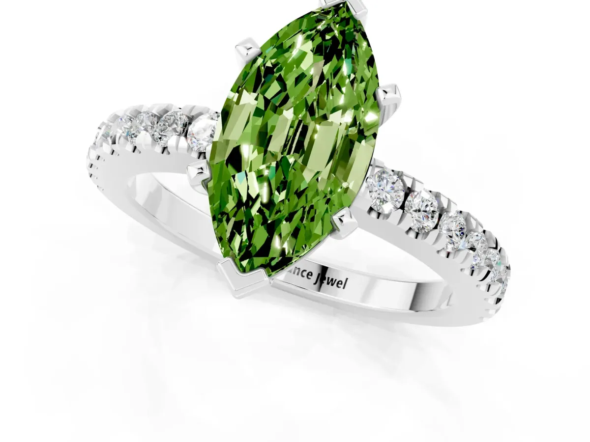 Marquise Cut Solitaire Peridot with Pavé Band and Four-Prong Setting Silver
