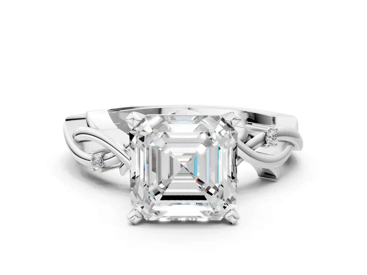 Asscher Cut Diamond Solitaire Ring with Twisted Band and Prong Setting White gold