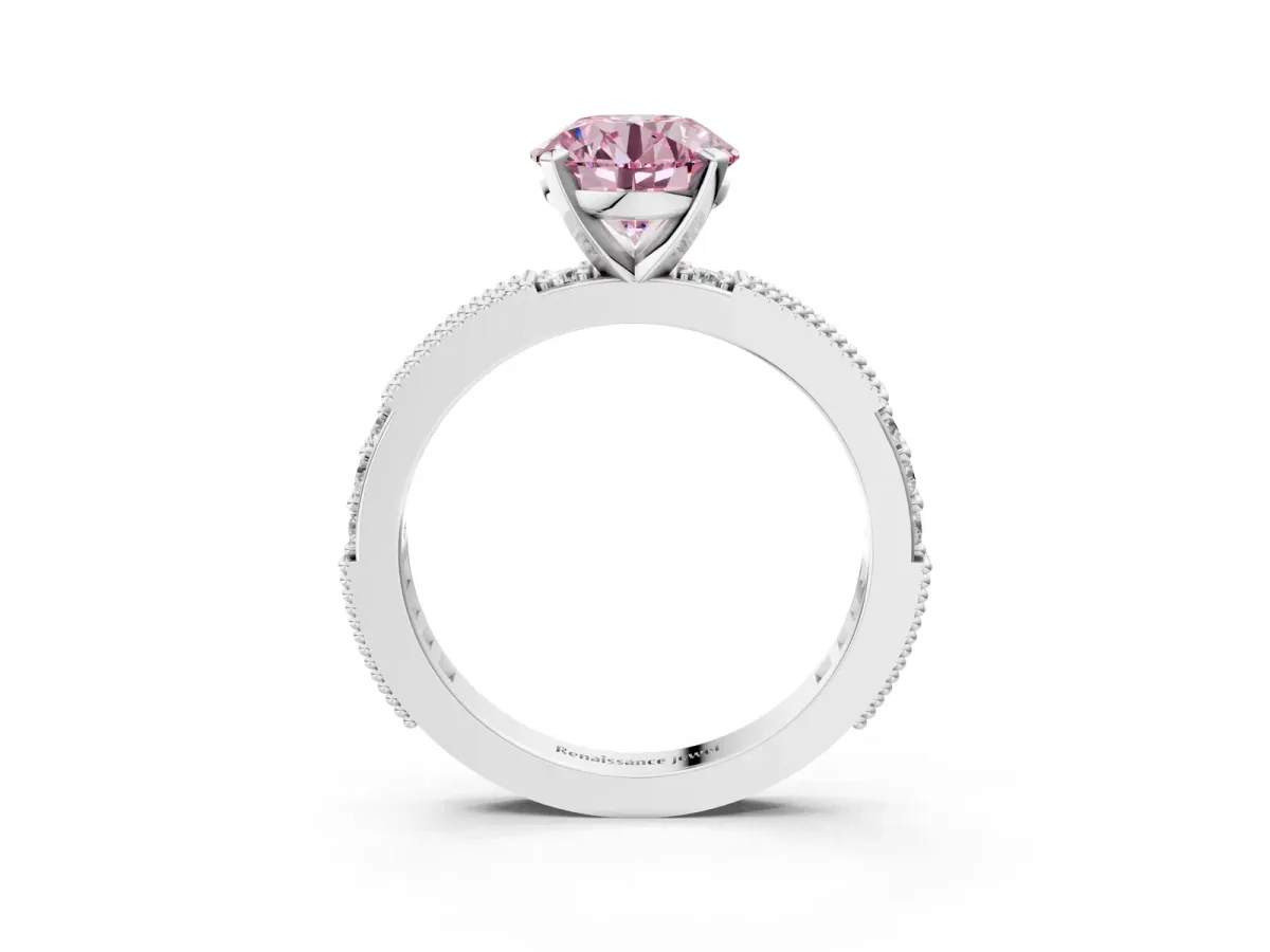Fancy Pink Round Cut Solitaire with Pavé Band and Four-Prong Setting Silver