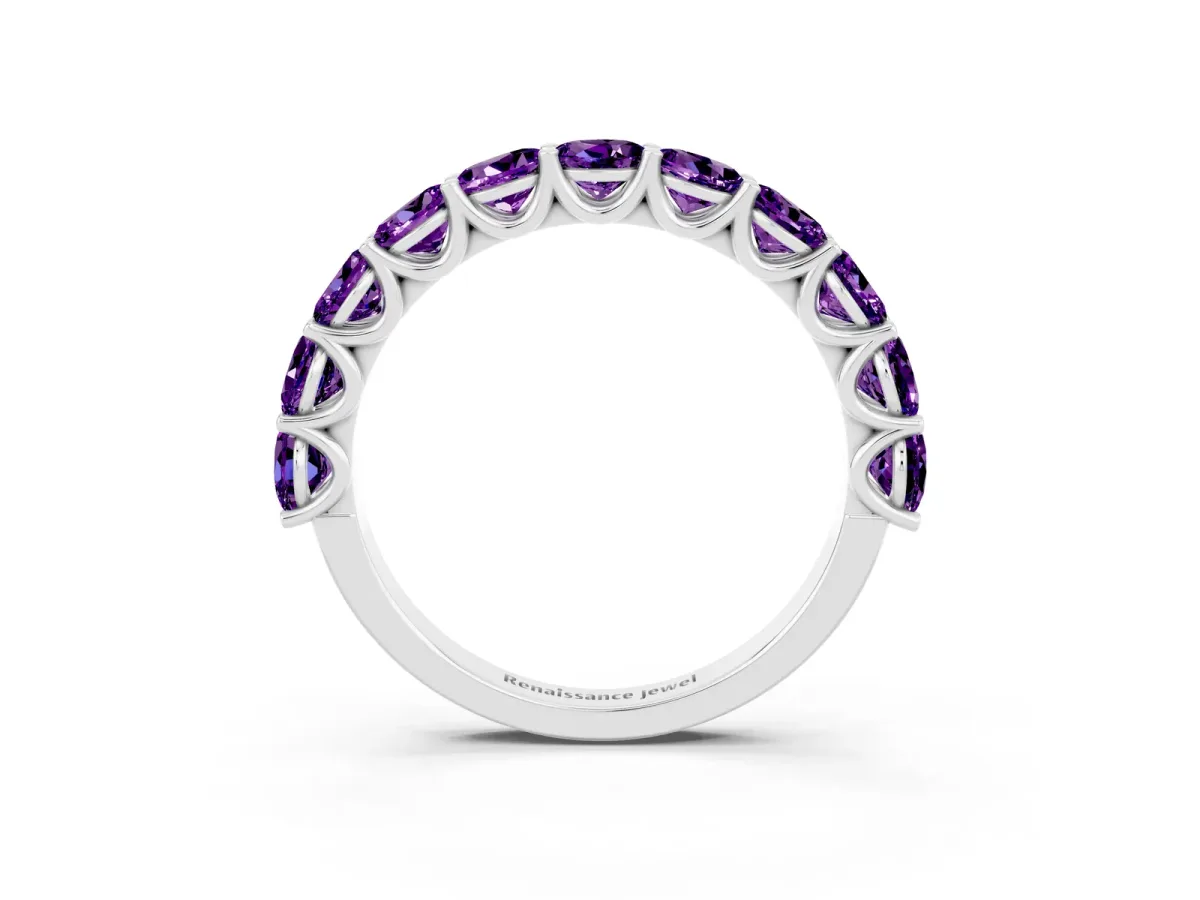Round Amethyst Shared Prong Eternity Band Silver