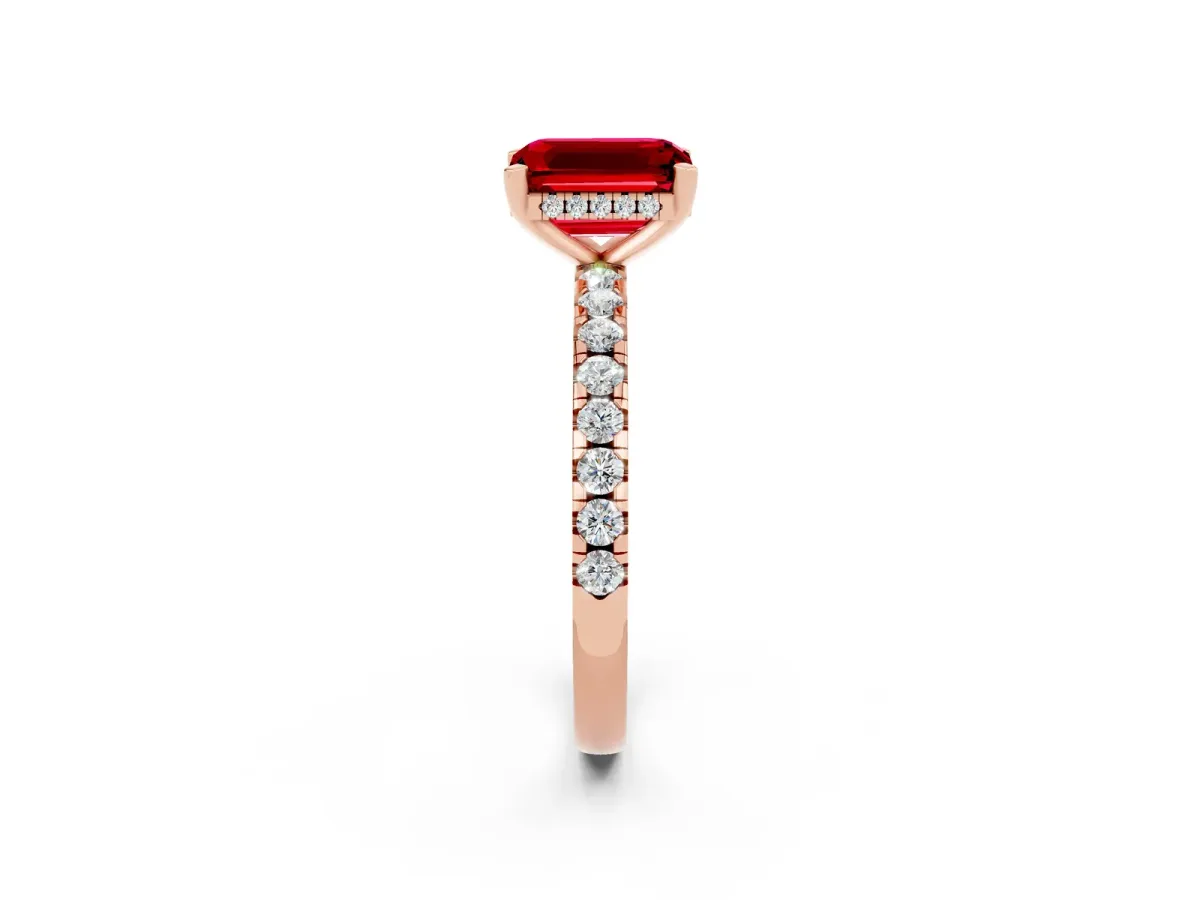 Emerald Cut Ruby Solitaire Ring with Round Pavé Band and Four-Prong Setting Rose gold