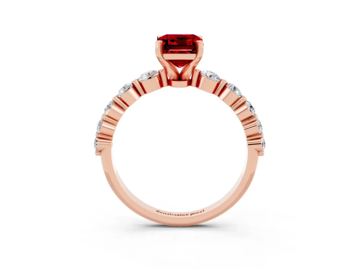 Emerald Cut Solitaire Ruby Ring with Pave Band and Four-Prong Setting Rose gold