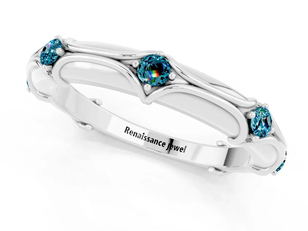 Round Blue Topaz Prong Set Milgrain Eternity Band Platinum