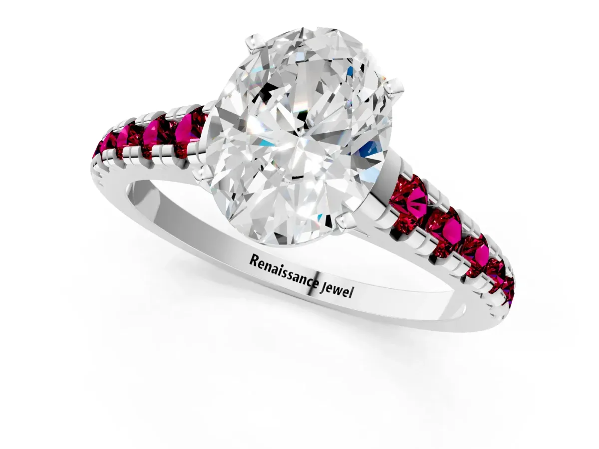 Oval Cut Diamond Cathedral Solitaire Ring with Round Garnet Pavé Band Silver