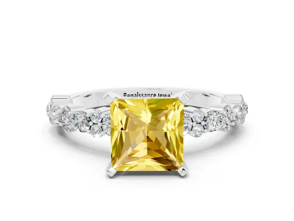 Princess Cut Yellow Sapphire Side Stone Solitaire Ring with Round and Four-Prong Setting Platinum