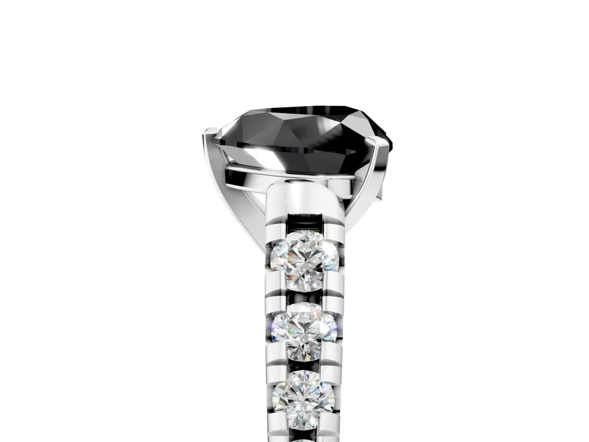 Fancy Black Heart Cut Diamond Cathedral Solitaire Ring with Round Pavé Band Silver