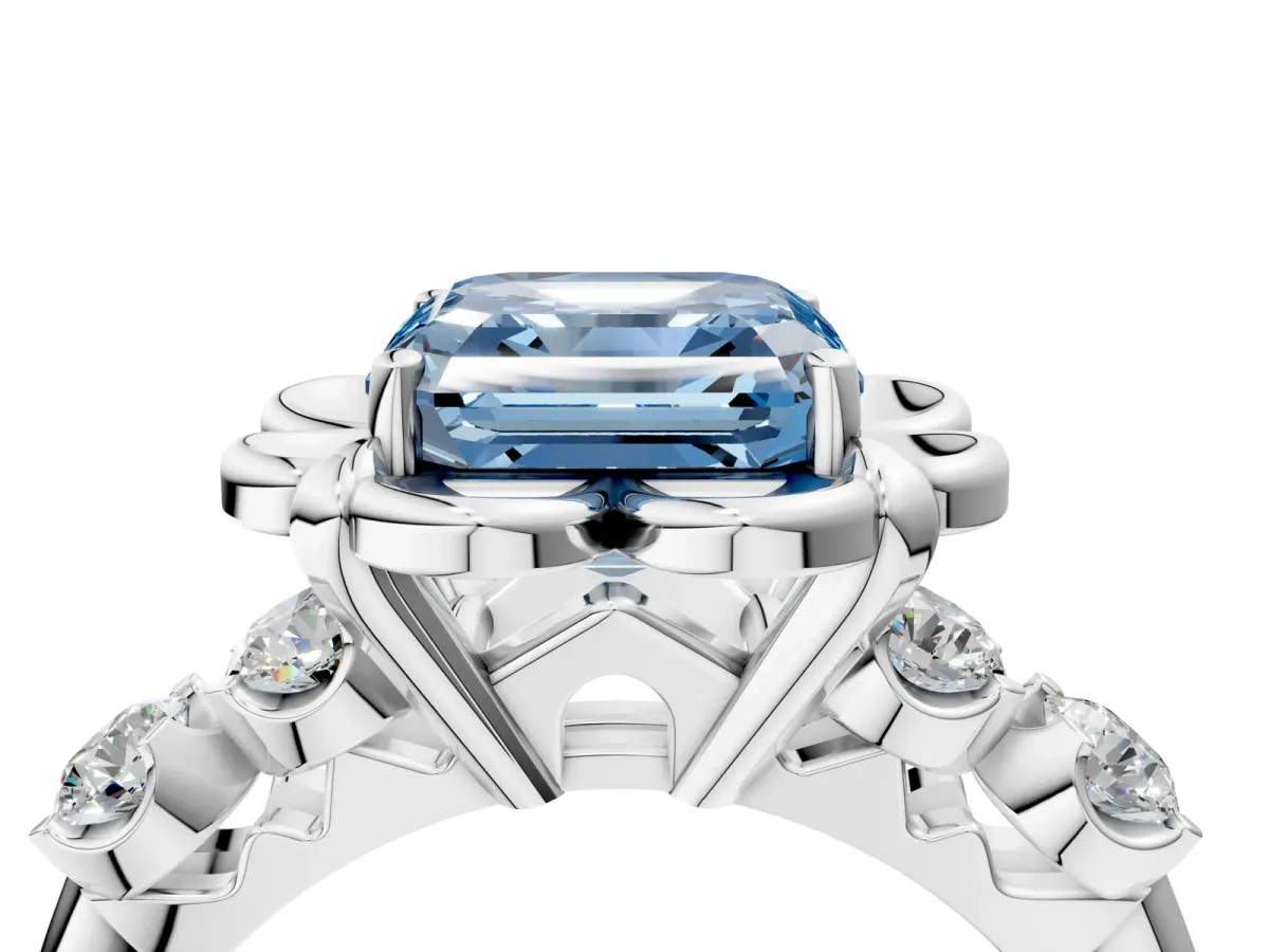 Fancy Blue Asscher Cut Cut Diamond Floral Halo Engagement Ring with Shared Prong Setting Silver