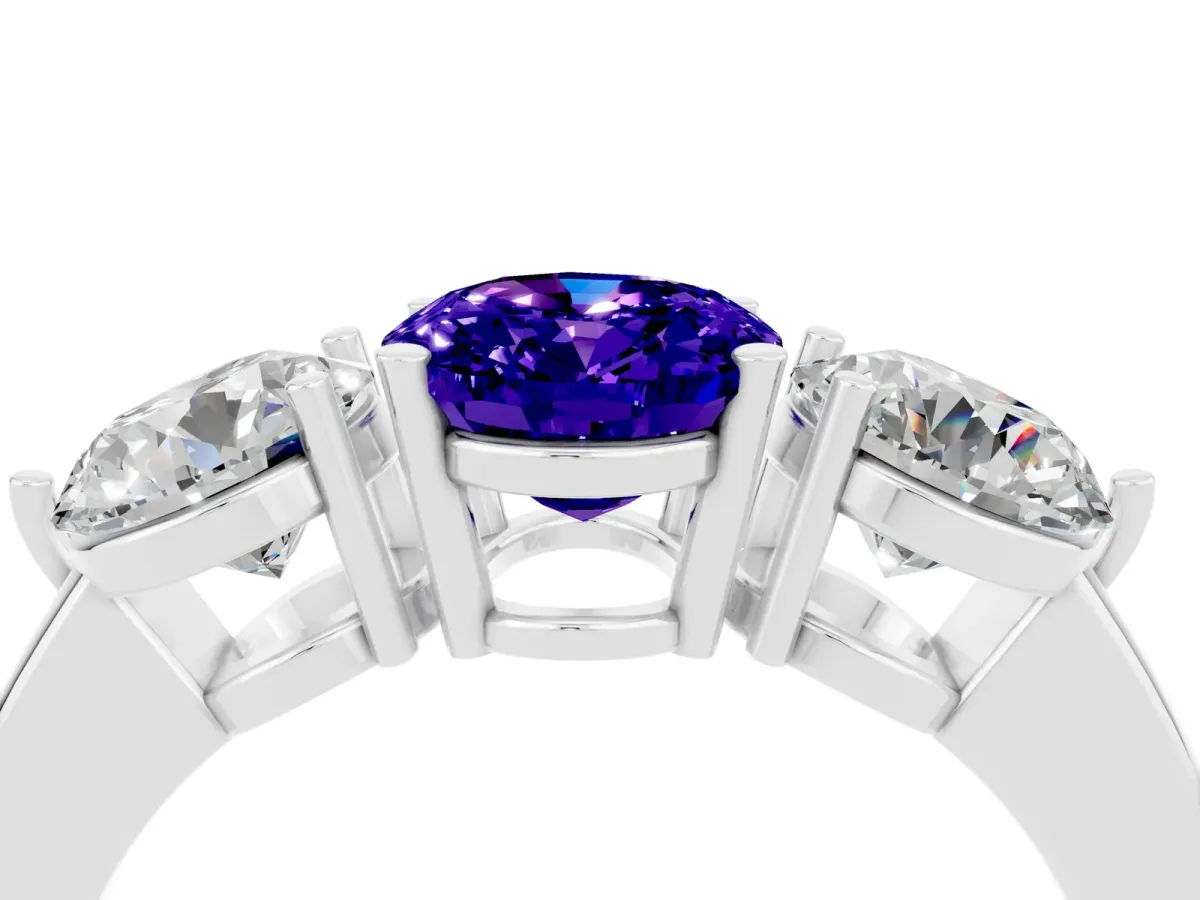 Oval Cut Tanzanite Three-Stone Ring with Prong Setting and Classic Band White gold