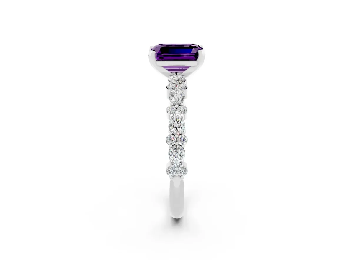 Emerald Cut Amethyst Side Stone Solitaire Ring with Round and Four-Prong Setting White gold