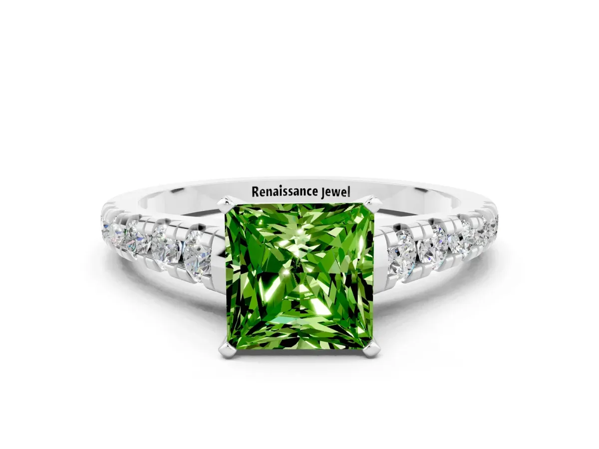 Princess Cut Peridot Cathedral Solitaire Ring with Round Pavé Band Platinum