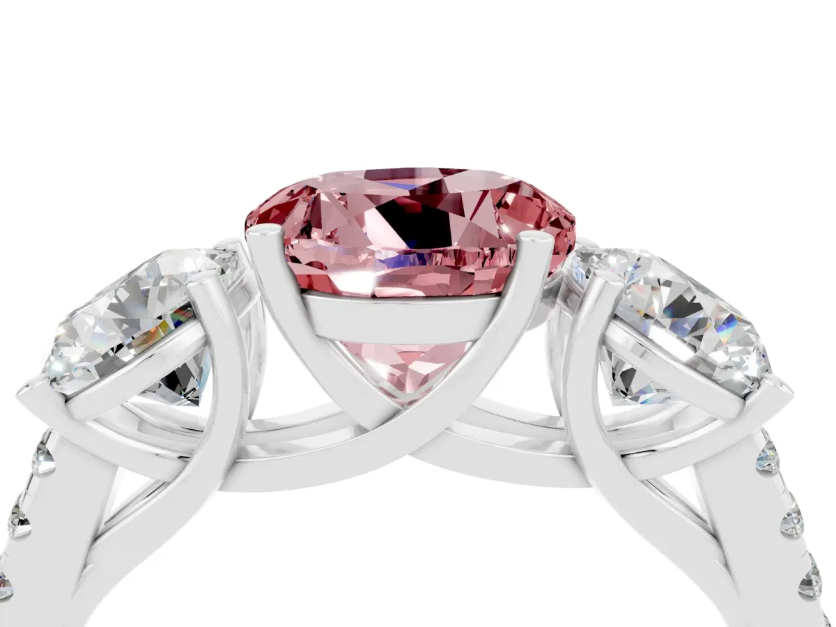 Three-Stone Round Cut Morganite Ring with Round Pavé Band and Prong Setting Silver