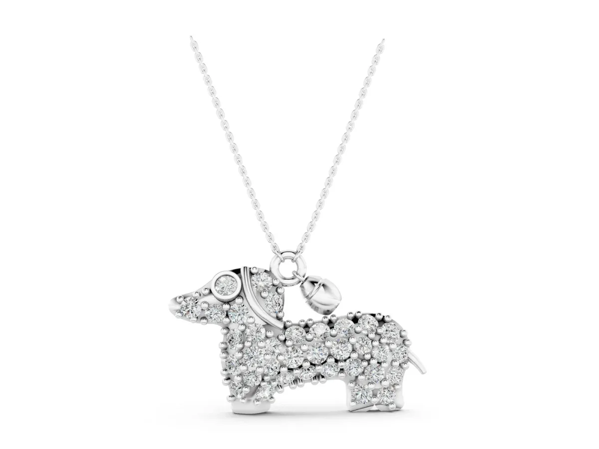 Pavé Round Diamond Prong-Set Dachshund Pendant White gold
