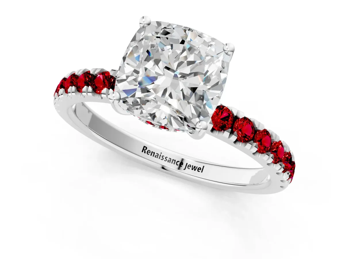 Cushion Cut Diamond Pave Band Solitaire Ring with Round Ruby and Prong Setting Platinum