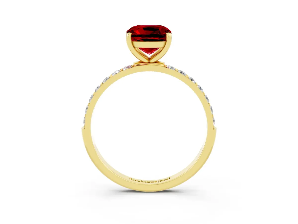 Cushion Cut Ruby Solitaire Ring with Round Pavé Band and Prong Setting Yellow gold