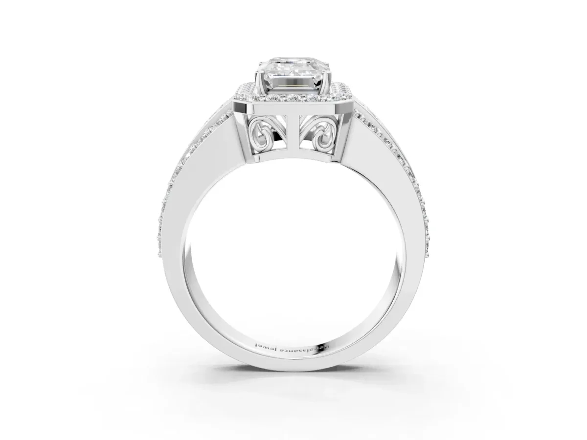 Emerald Cut Halo Diamond Ring with Round Moissanite Split Shank and Prong Setting Silver