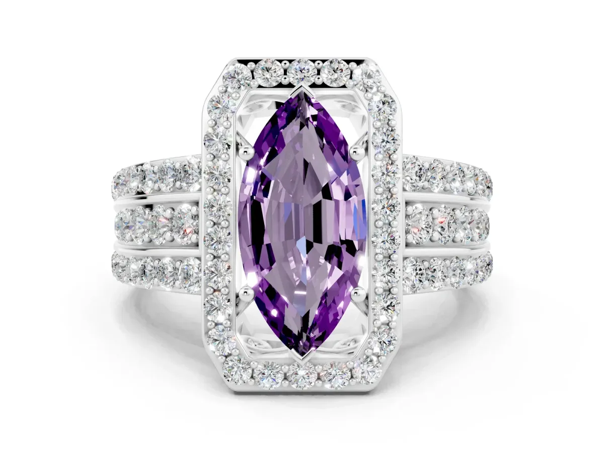 Marquise Cut Halo Amethyst Ring with Round Split Shank and Prong Setting Silver