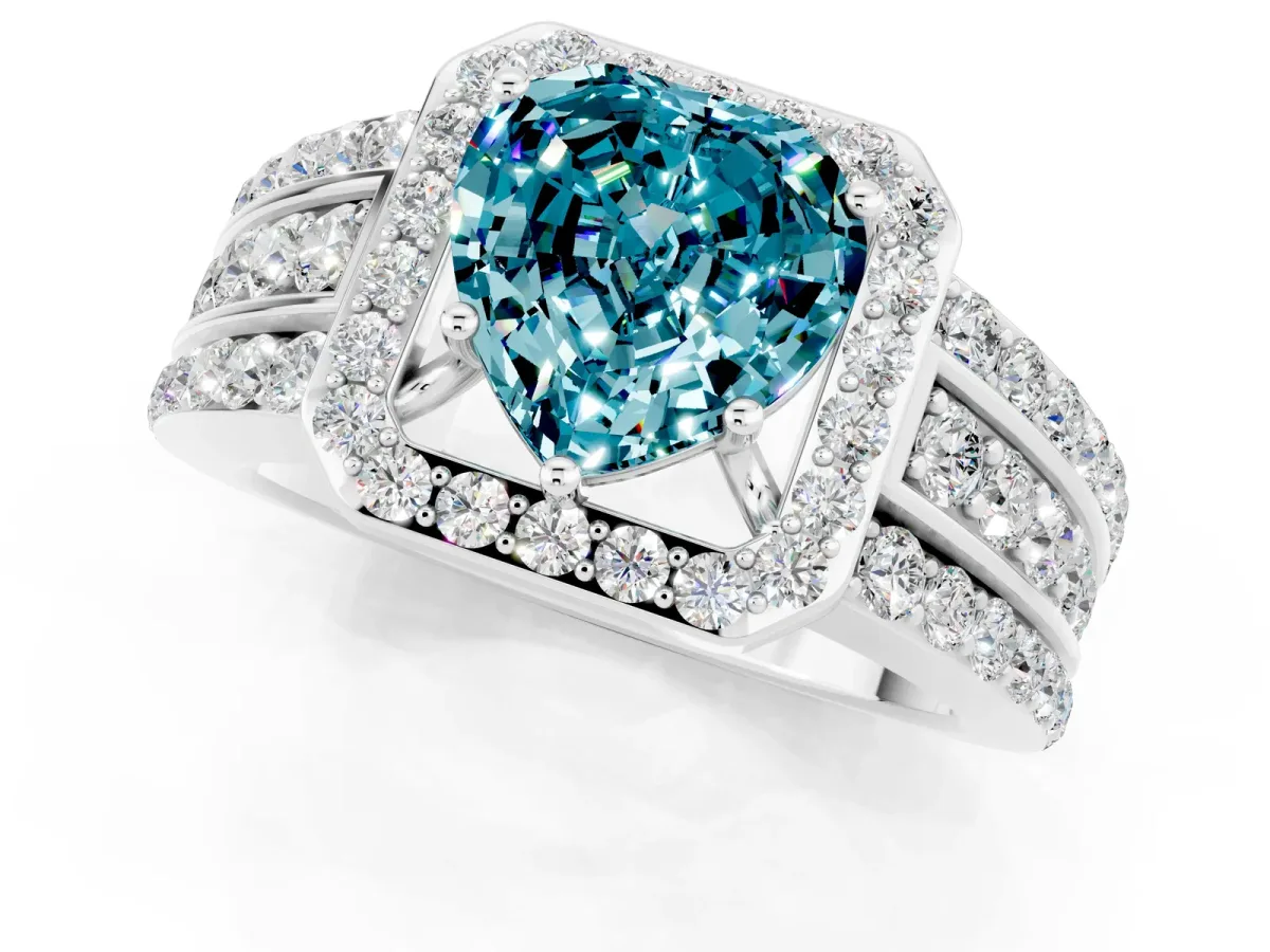 Heart Cut Halo Blue Topaz Ring with Round Split Shank and Prong Setting Silver