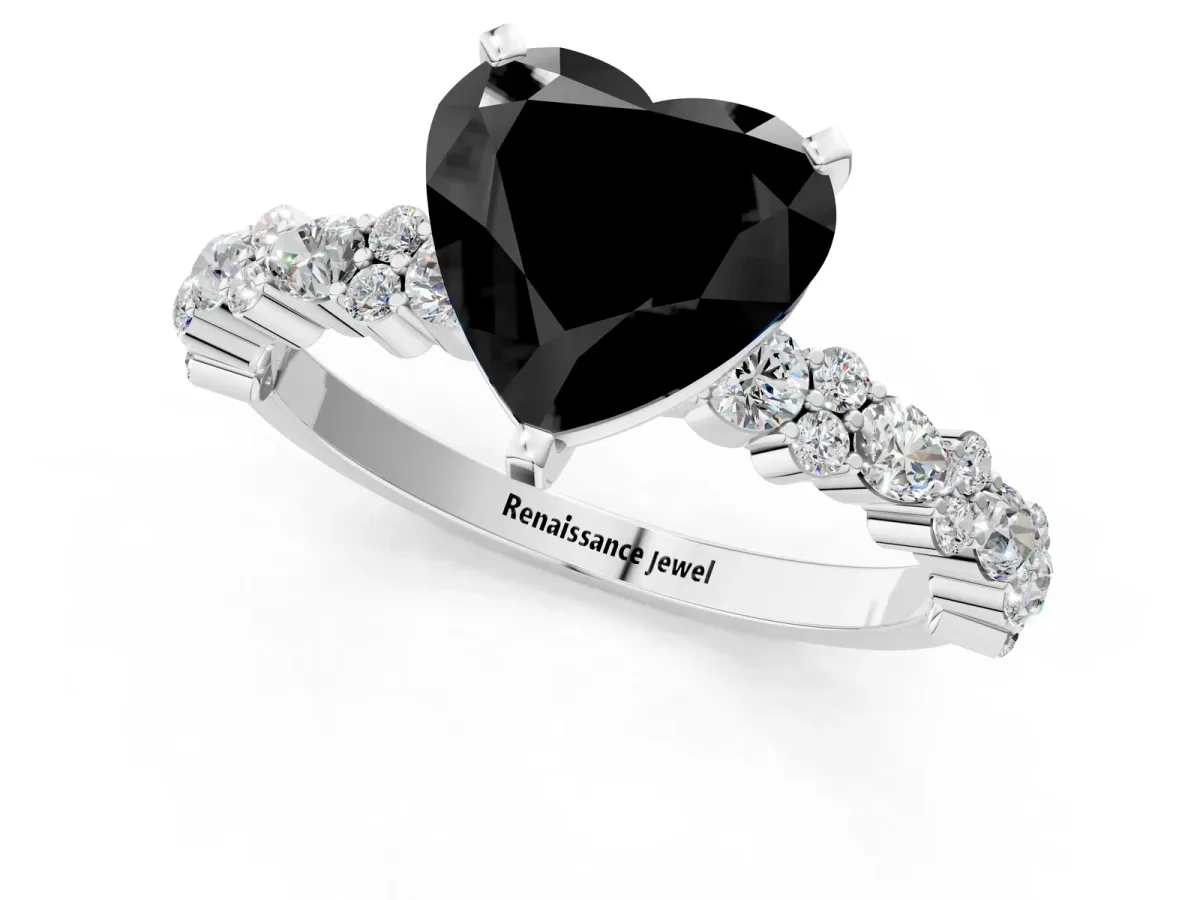 Fancy Black Heart Cut Diamond Side Stone Solitaire Ring with Round and Four-Prong Setting Silver