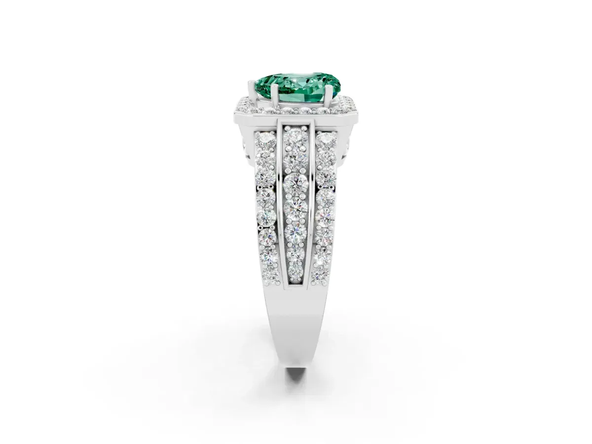 Heart Cut Halo Green Sapphire Ring with Round Split Shank and Prong Setting Silver