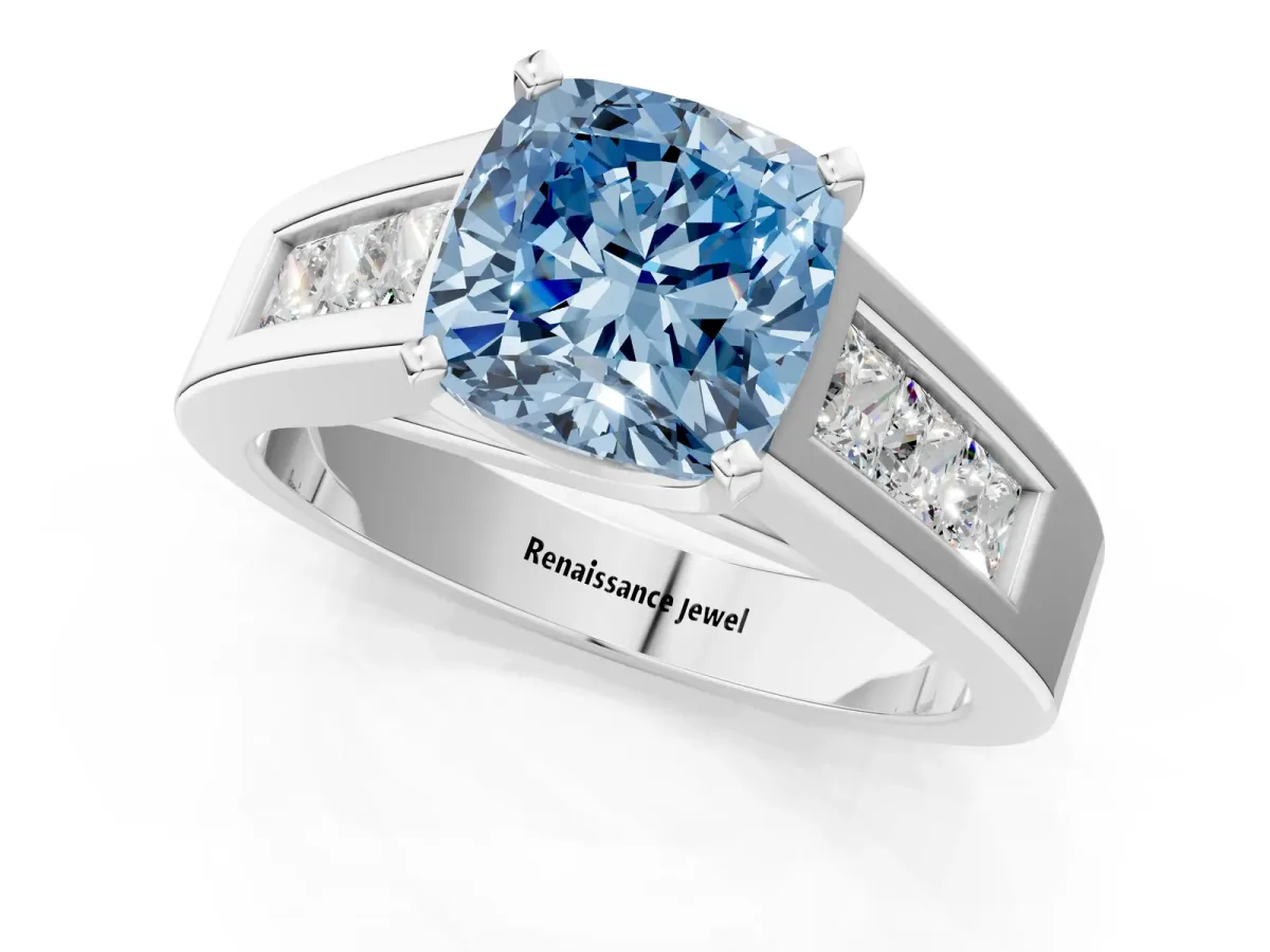 Fancy Blue Cushion Cut Cut Channel Set Solitaire Ring with Four-Prong Setting White gold
