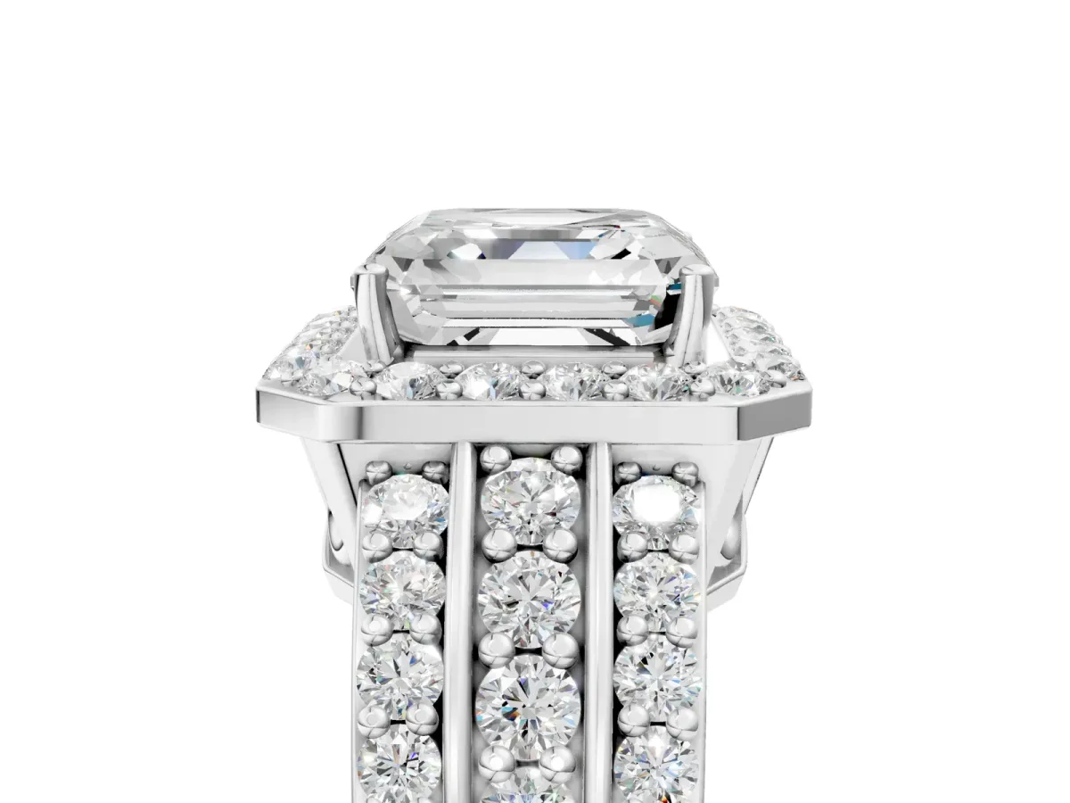 Asscher Cut Halo Diamond Ring with Round Moissanite Split Shank and Prong Setting Silver