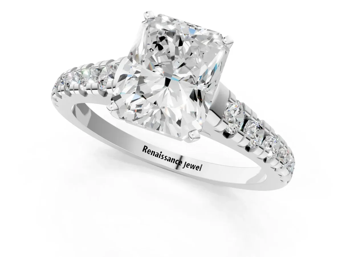 Radiant Cut Diamond Cathedral Solitaire Ring with Round Pavé Band Platinum