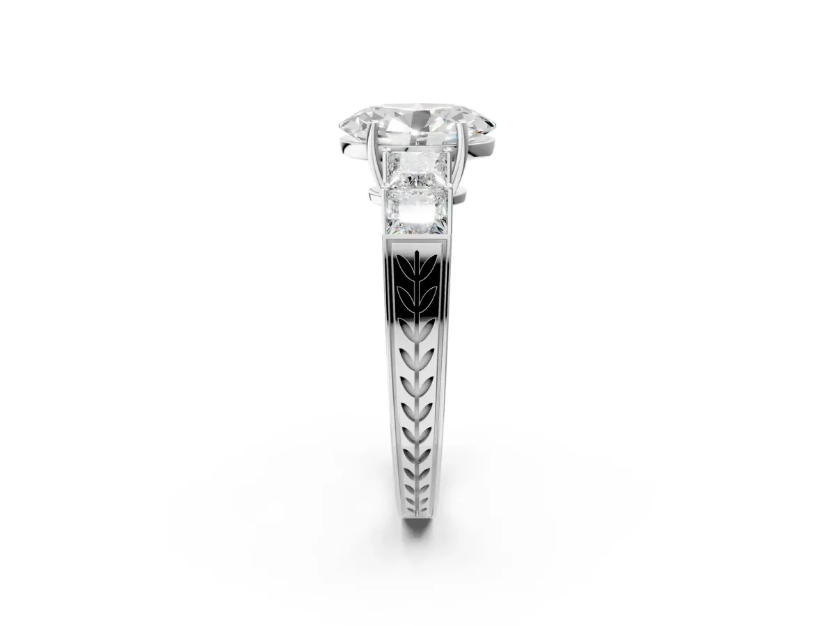Oval Cut Solitaire Princess Side Stone Engraved Band Prong Setting Ring Silver