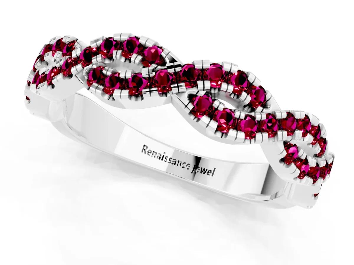 Round Garnet Twisted Eternity Band with Pavé and Shared Prong Setting Platinum