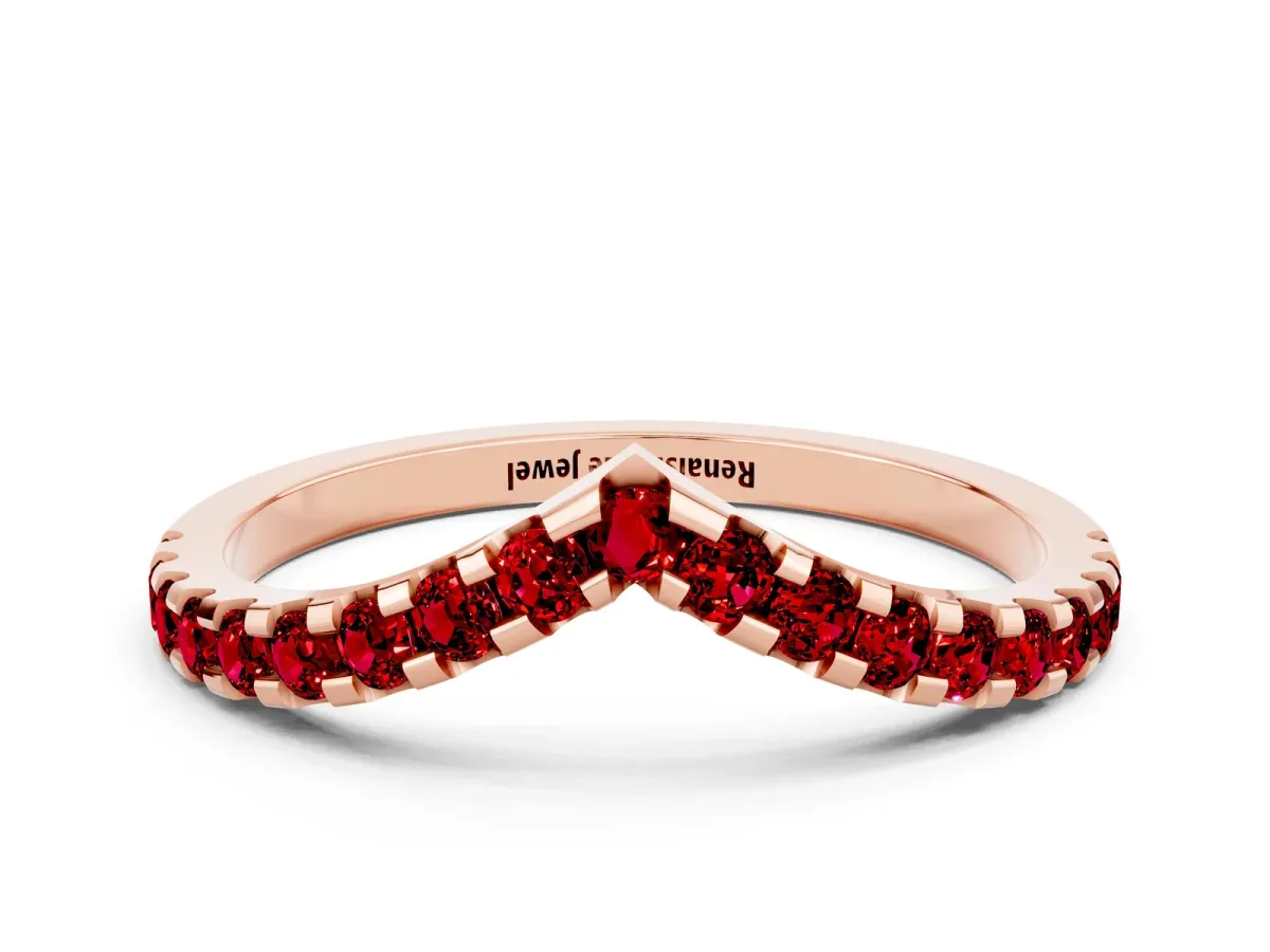 Pavé Round Ruby Chevron Band with Shared Prong Setting Rose gold