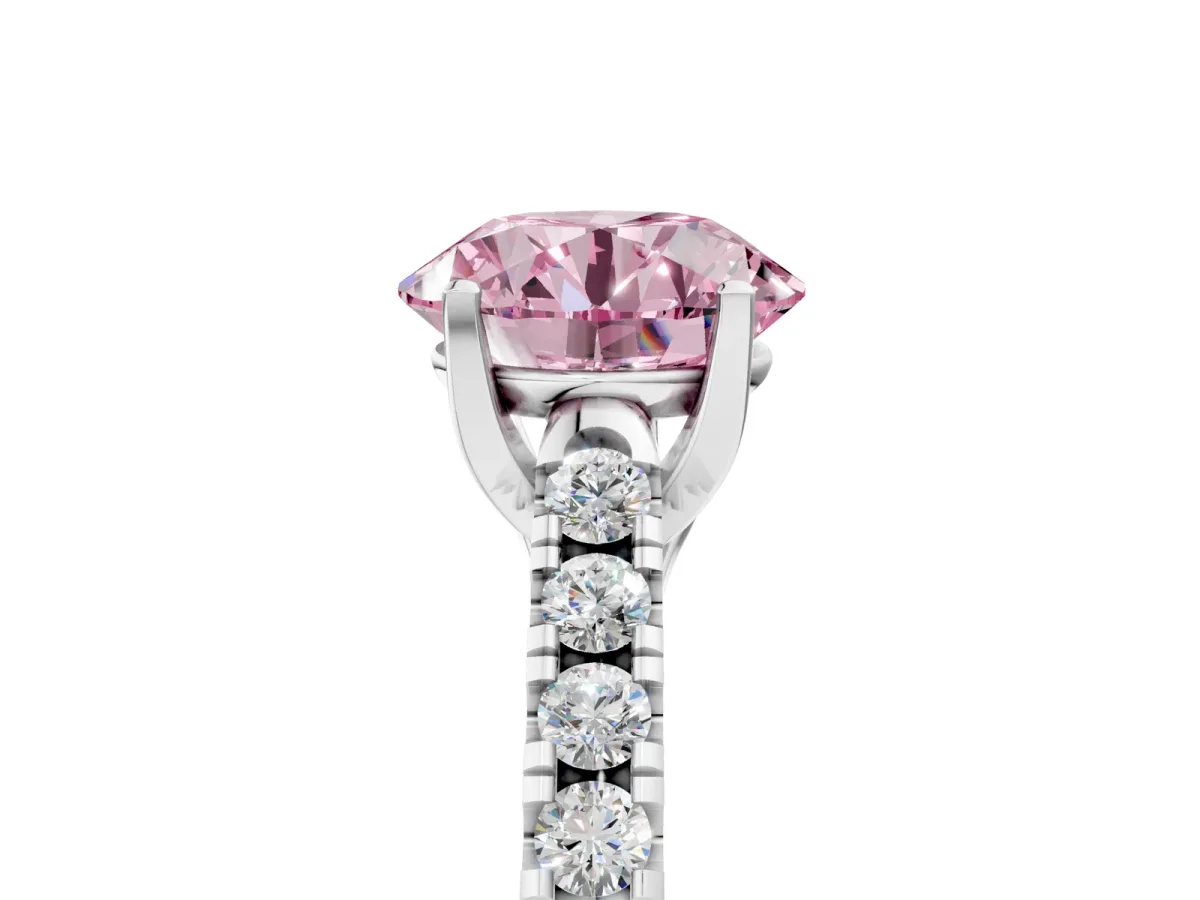 Fancy Pink Round Cut Diamond Pavé Band Solitaire Ring with Prong Setting White gold
