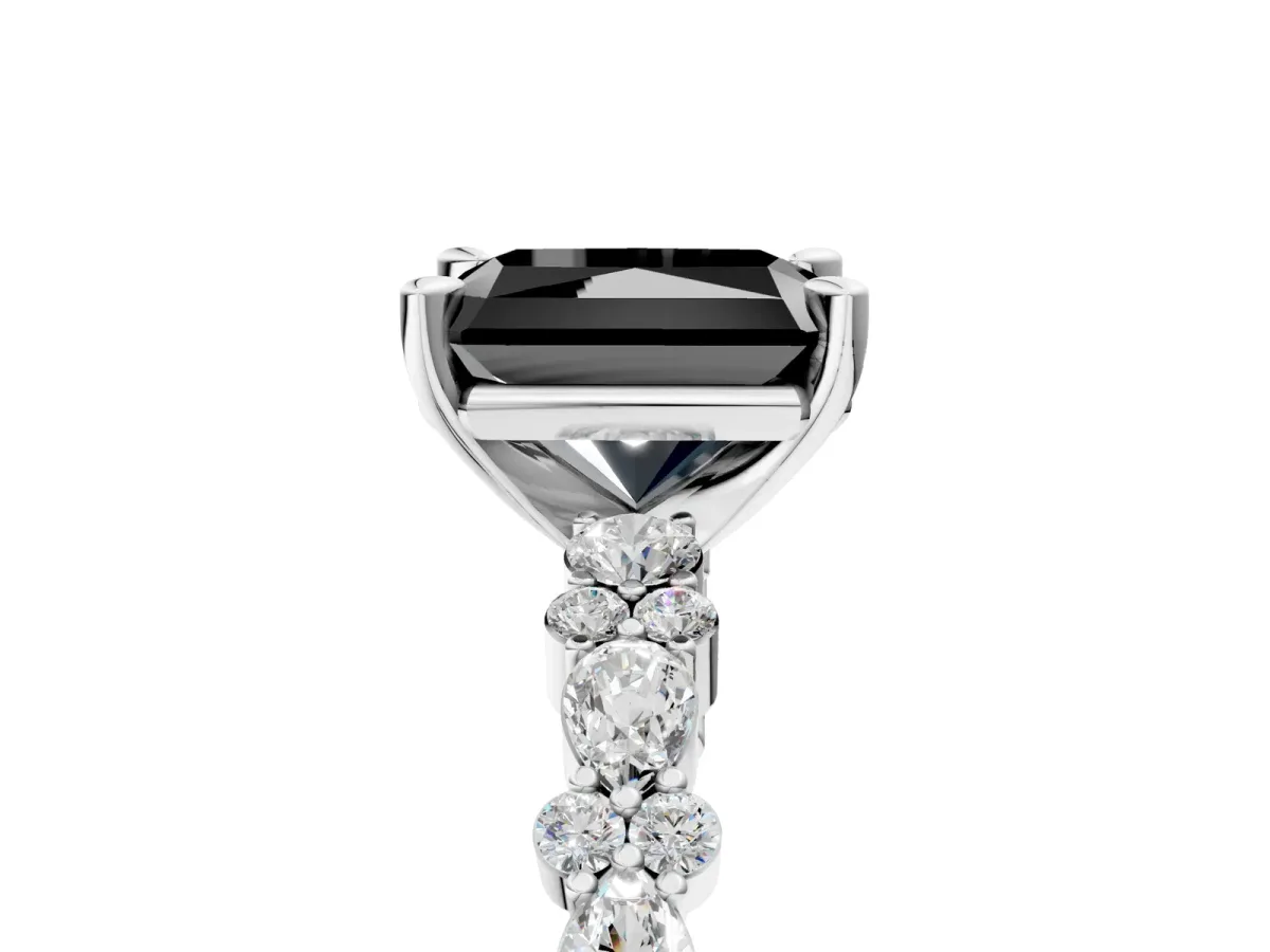 Fancy Black Radiant Cut Diamond Side Stone Solitaire Ring with Round and Four-Prong Setting Silver