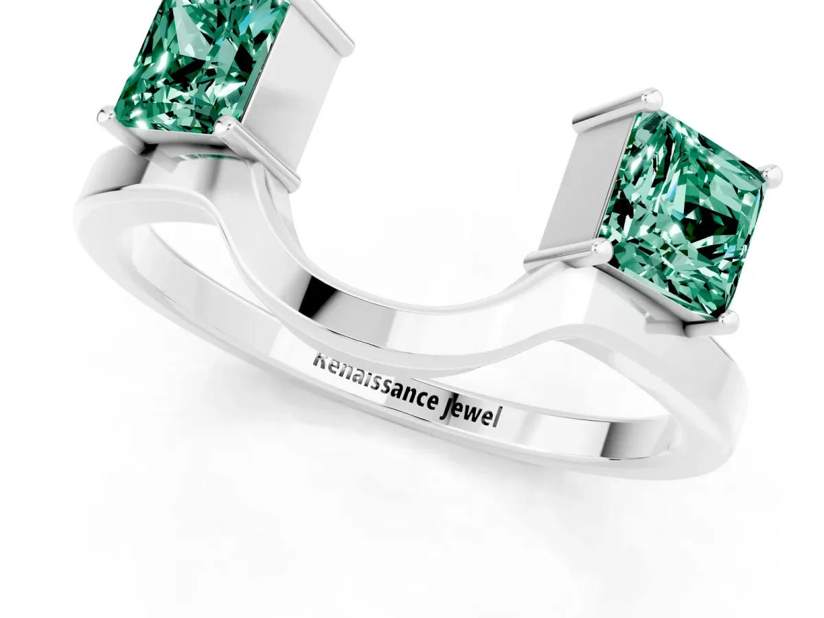 Princess Cut Green Sapphire Two-Stone Open Band Ring with Four-Prong Setting Silver