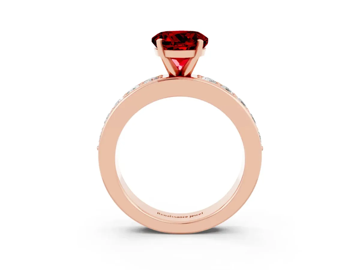 Round Cut Ruby Engagement Ring with Channel Set Round Band and Prong Setting Rose gold