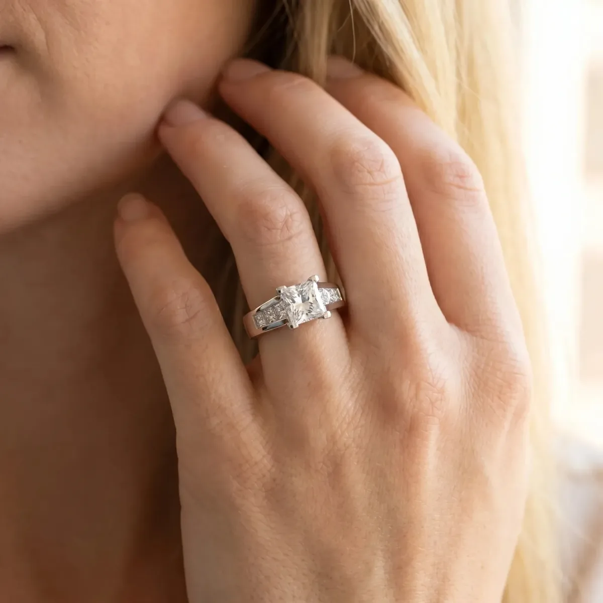 Asscher Cut Cut Channel Set Solitaire Ring with Four-Prong Setting Silver