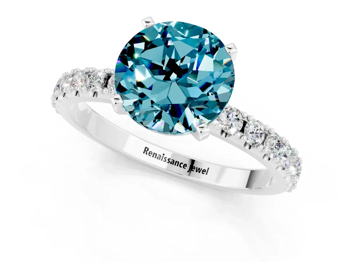 Round Cut Blue Topaz Solitaire Pavé Band with Four-Prong Setting Platinum