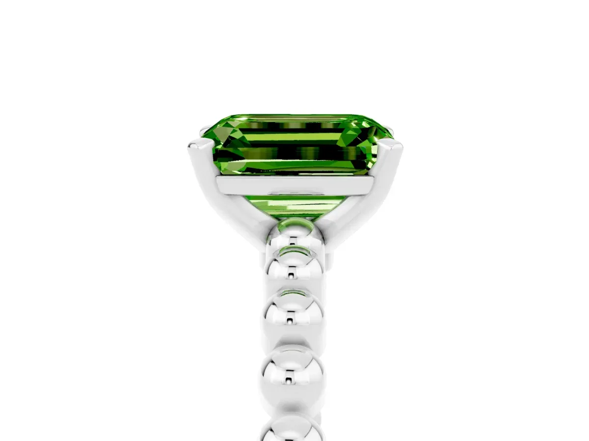 Emerald Cut Peridot Solitaire Ring with Beaded Band and Prong Setting Silver