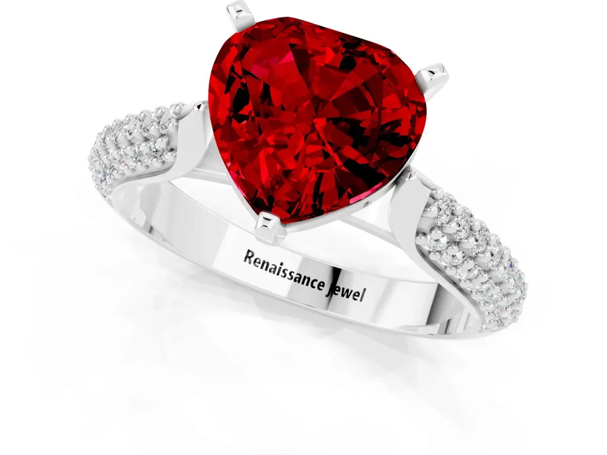 Heart Cut Ruby Solitaire Engagement Ring with Multi-Row Round Pavé Band and Prong Setting Platinum