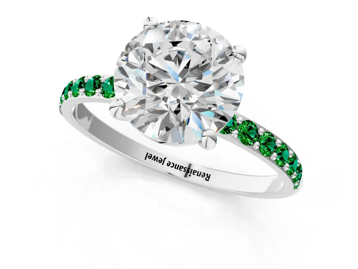 Round Cut Diamond Solitaire Ring with Round Emerald Pavé Band and Prong Setting Platinum