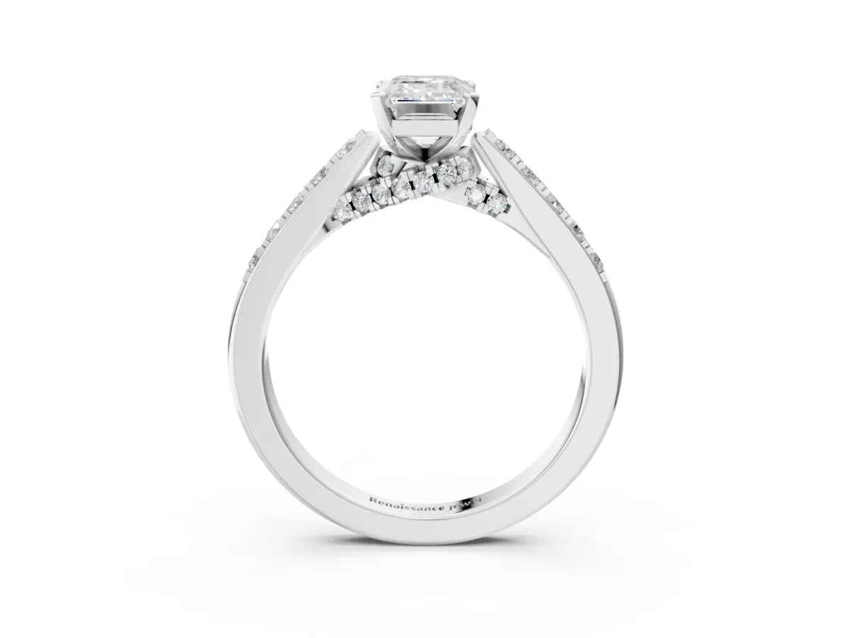 Emerald Cut Diamond Solitaire Ring with Crossover Gallery and Round Pavé Band Platinum