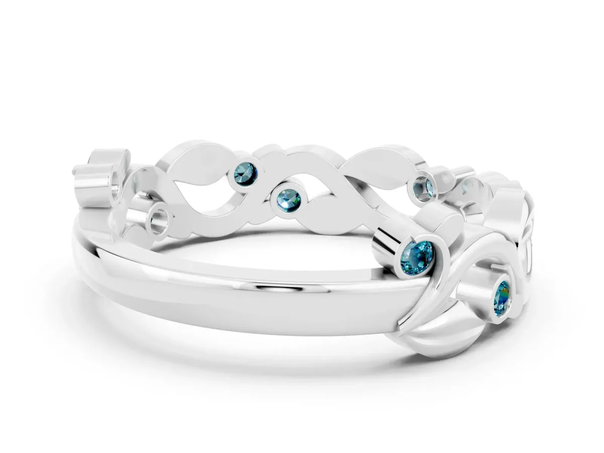 Round Blue Topaz Leaf Eternity Band with Bezel Setting White gold