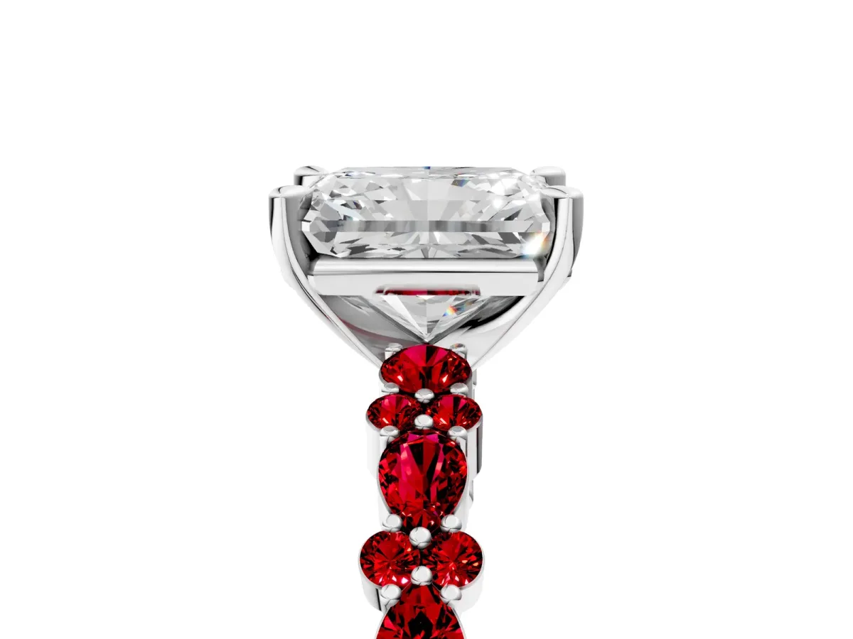 Radiant Cut Diamond Side Stone Solitaire Ring with Round Ruby and Four-Prong Setting Platinum