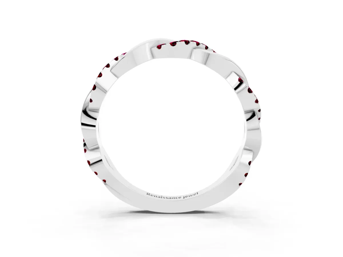 Pavé Round Garnet Twist Eternity Band with Shared Prong Setting Platinum